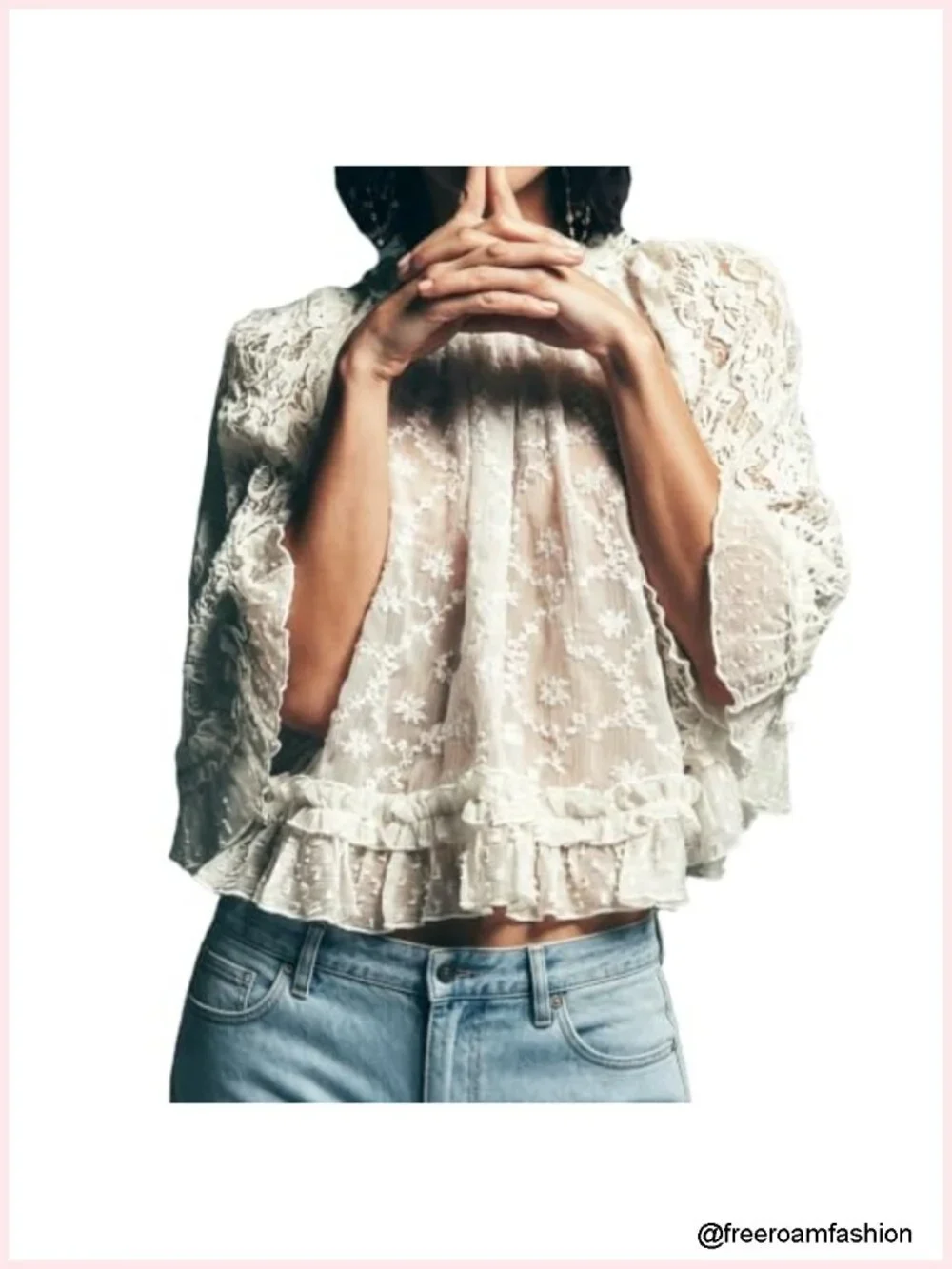 Boho Lace Sheer Flare Sleeve Cover Up Blouse Casual Beachwear
